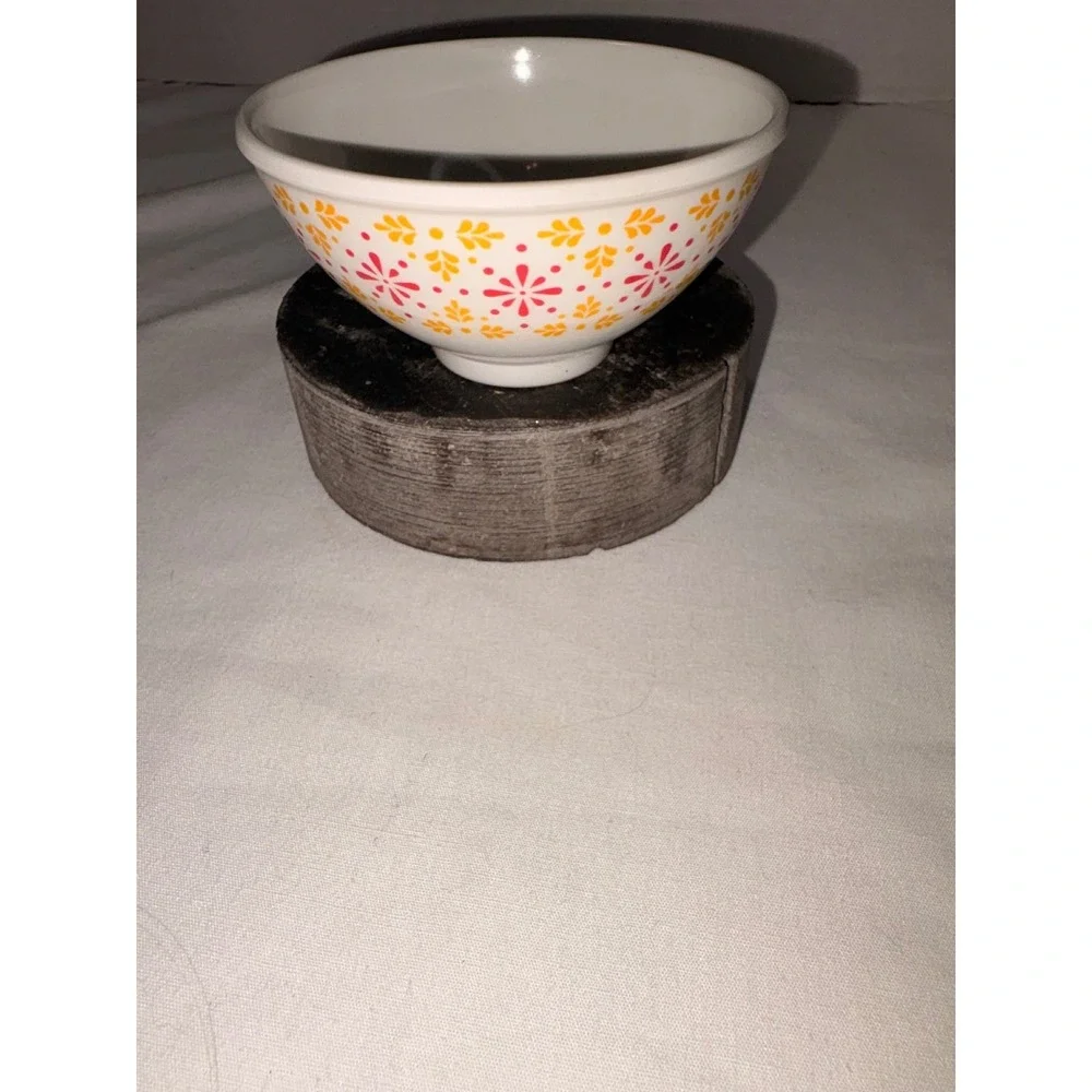 Floral‎ Ceramic Cereal Soup Bowl Pink Orange Yellow Folk Art Pattern Vintage